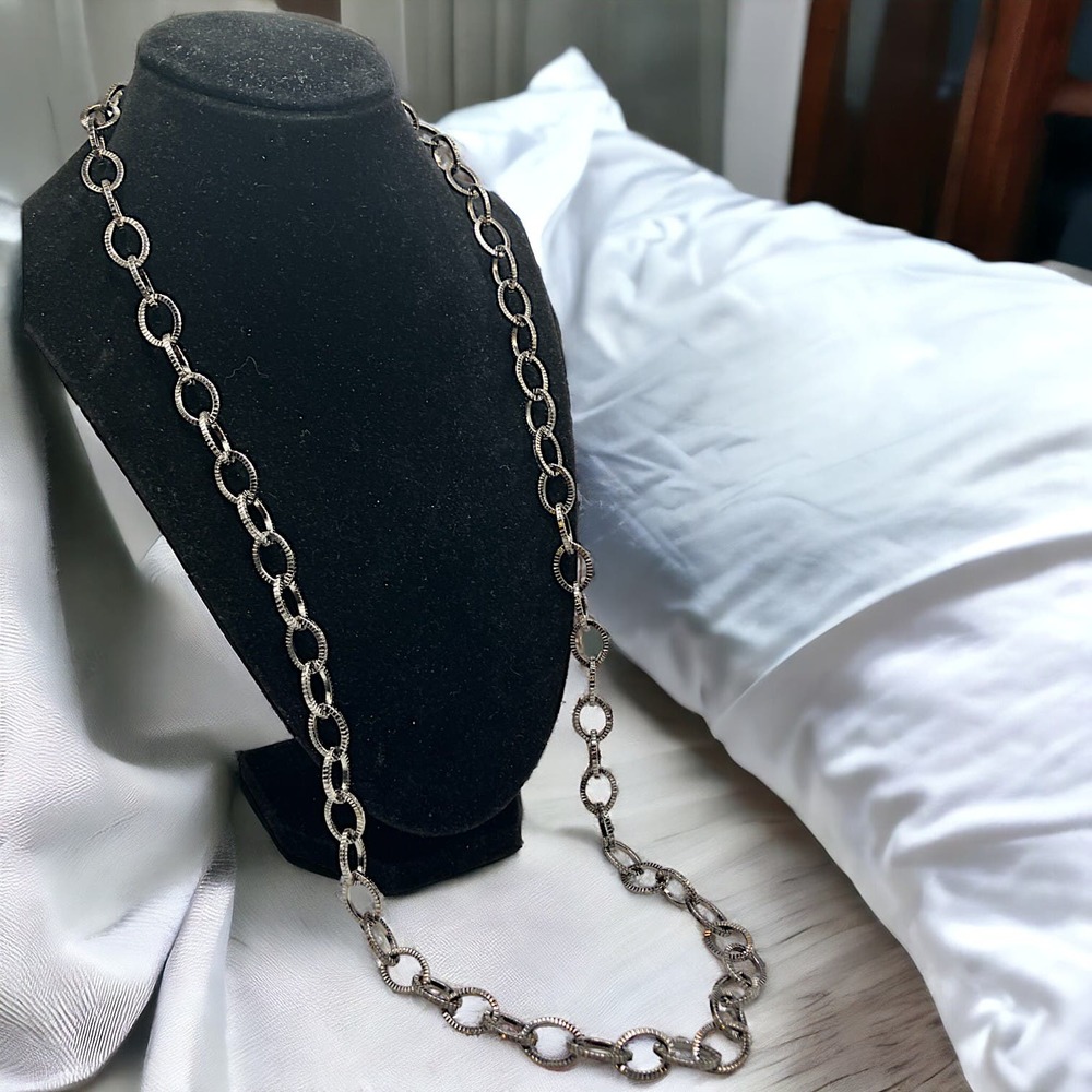 Large Double Link Cable Chain Gun Metal Colored Silver-Tone Necklace!